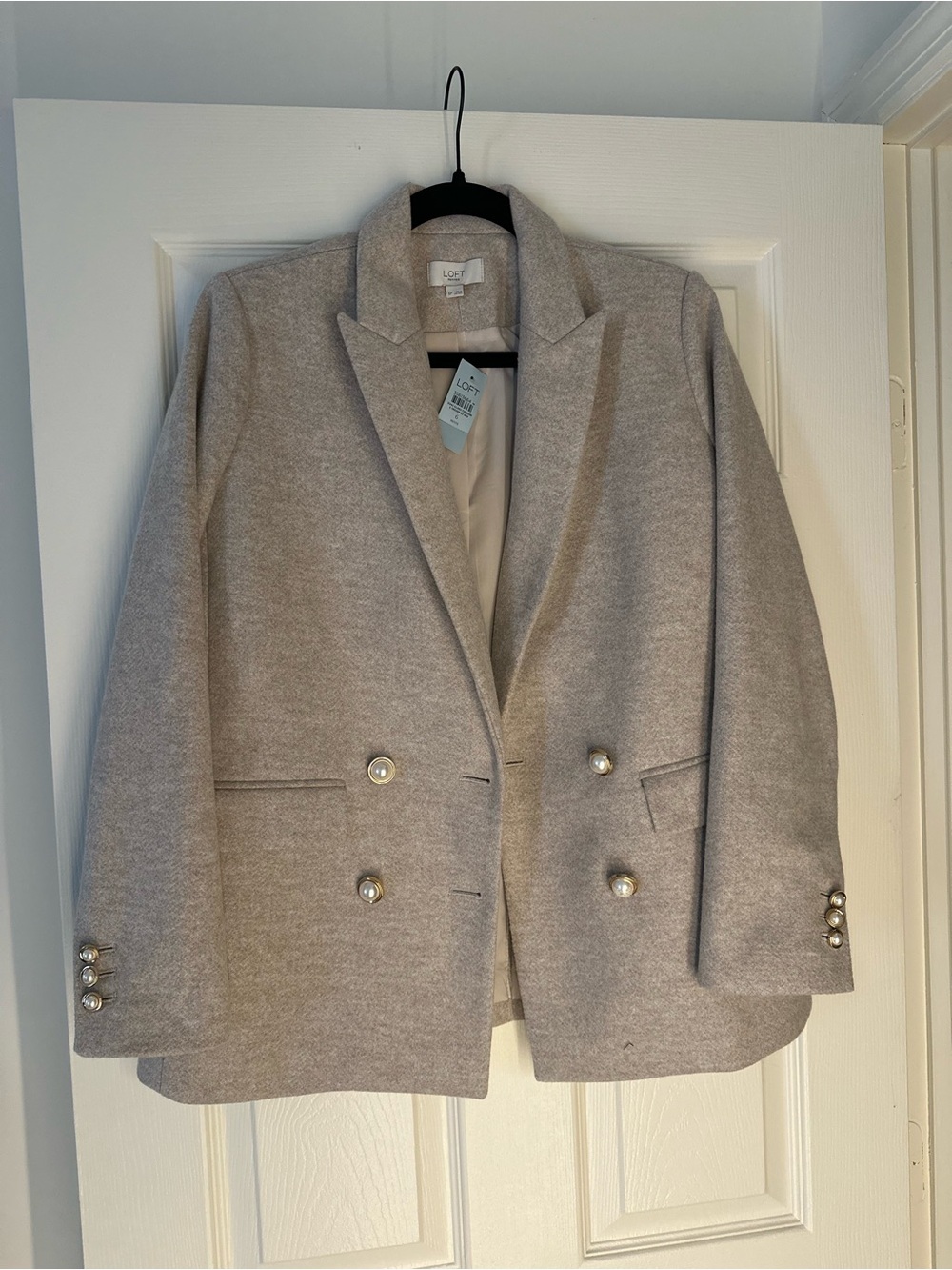 LOFT Light Gray Double-Breasted Blazer with Pearl Buttons